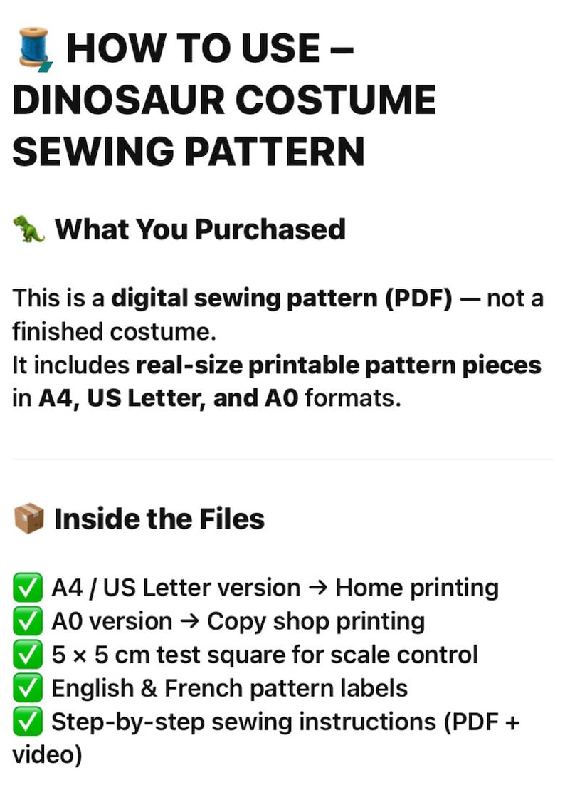 Dinosaur Costume Sewing Pattern template PDF: Kids DIY Outfit (3-12 Years)