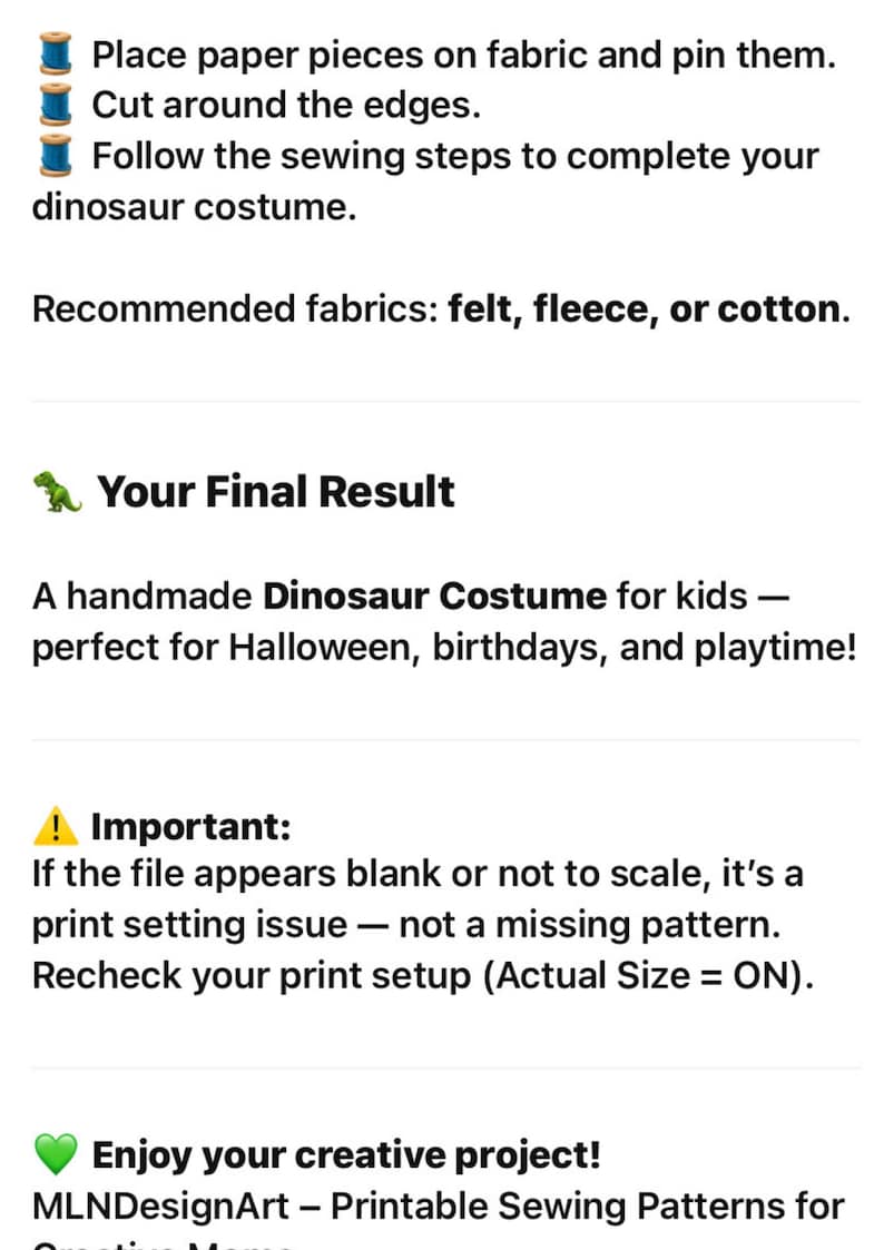 Dinosaur Costume Sewing Pattern template PDF: Kids DIY Outfit (3-12 Years)
