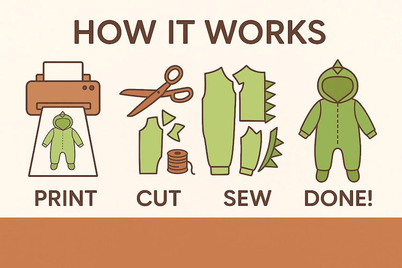 Dinosaur Costume Sewing Pattern template PDF: Kids DIY Outfit (3-12 Years)