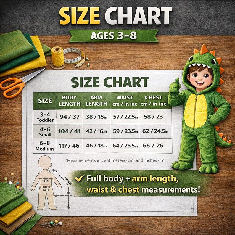 Dinosaur Costume Sewing Pattern template PDF: Kids DIY Outfit (3-12 Years)