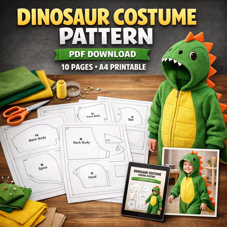 Dinosaur Costume Sewing Pattern template PDF: Kids DIY Outfit (3-12 Years)