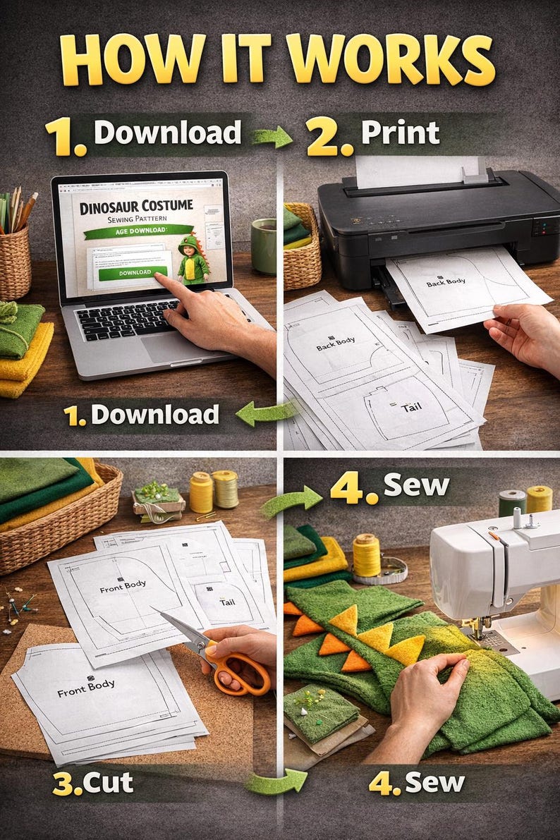Dinosaur Costume Sewing Pattern template PDF: Kids DIY Outfit (3-12 Years)