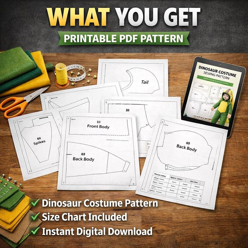 Dinosaur Costume Sewing Pattern template PDF: Kids DIY Outfit (3-12 Years)