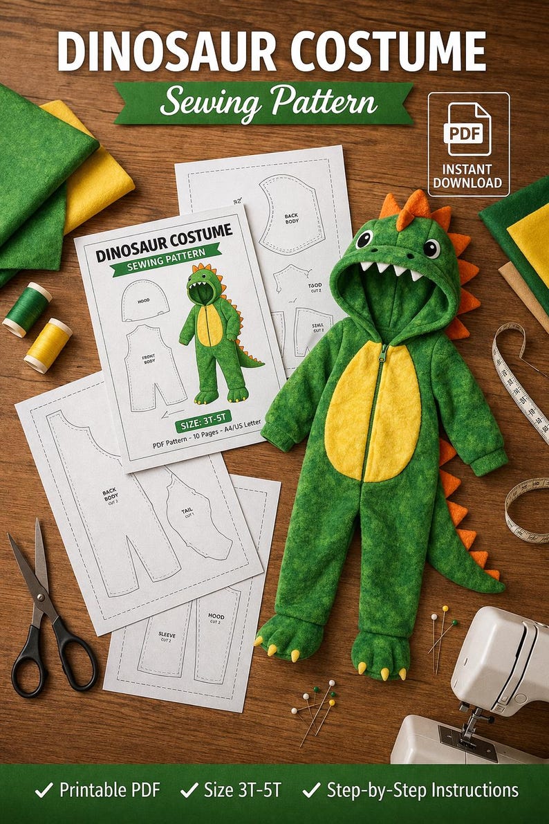 Dinosaur Costume Sewing Pattern template PDF: Kids DIY Outfit (3-12 Years)