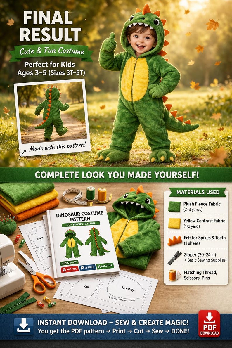 Dinosaur Costume Sewing Pattern template PDF: Kids DIY Outfit (3-12 Years)