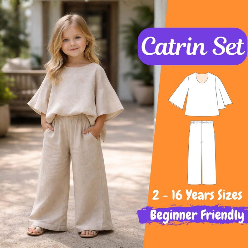 Girls Summer Outfit Sewing Pattern, Kids Blouse and Wide Leg Pants, Loose Fit Style