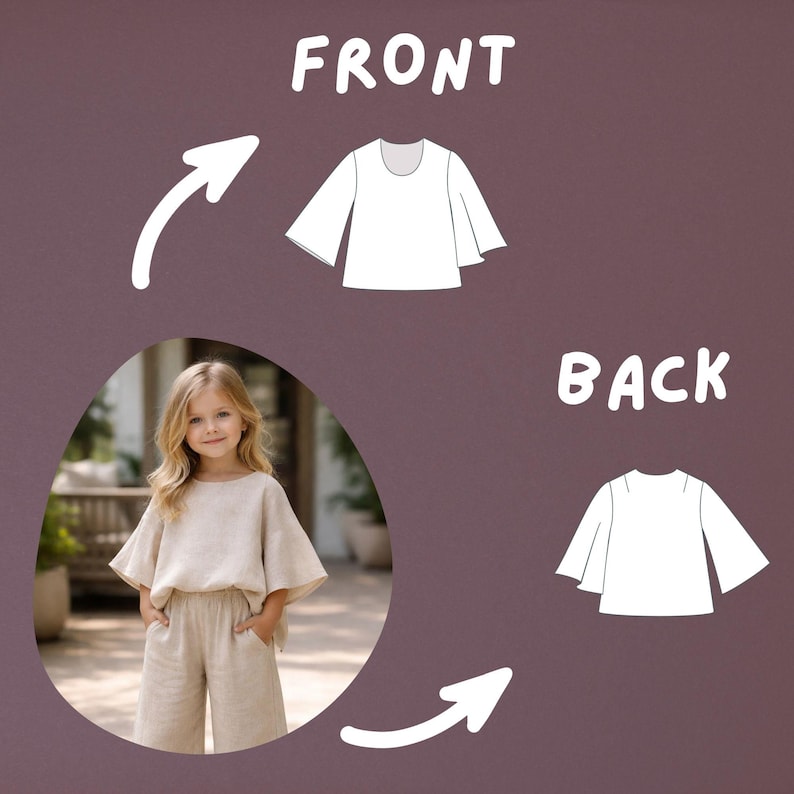 Girls Summer Outfit Sewing Pattern, Kids Blouse and Wide Leg Pants, Loose Fit Style