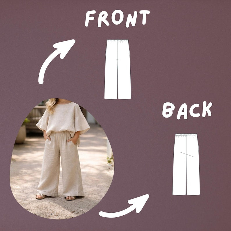 Girls Summer Outfit Sewing Pattern, Kids Blouse and Wide Leg Pants, Loose Fit Style