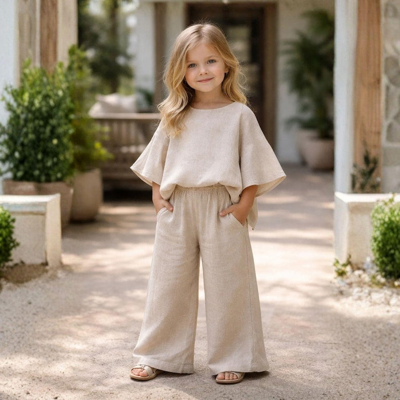 Girls Summer Outfit Sewing Pattern, Kids Blouse and Wide Leg Pants, Loose Fit Style