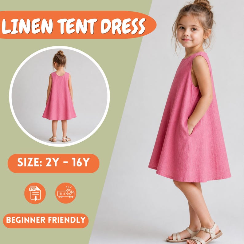 Kids Tent Dress Sewing Pattern, Girls Linen Dress Toddlers, Summer, 2Y-16Y